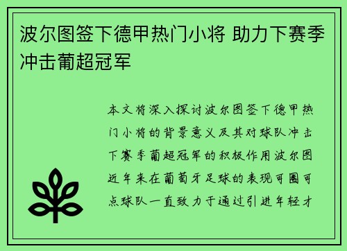 波尔图签下德甲热门小将 助力下赛季冲击葡超冠军