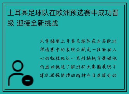 土耳其足球队在欧洲预选赛中成功晋级 迎接全新挑战