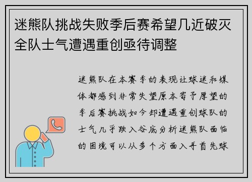 迷熊队挑战失败季后赛希望几近破灭全队士气遭遇重创亟待调整