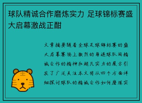球队精诚合作磨炼实力 足球锦标赛盛大启幕激战正酣